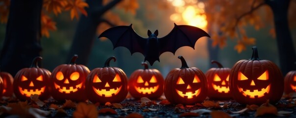 Naklejka premium Dark silhouette of a bat flying in front of jack-o-lanterns and orange leaves, shadow bats, dark background
