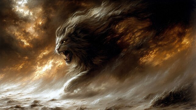 Epic lion creature emerging from smoke and fire bringing chaos and destruction to the ashen landscape a dramatic fantasy illustration art style
