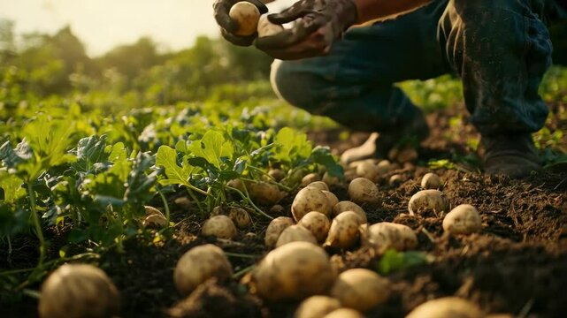 a farmer collects potatoes on the plot. Selective focus