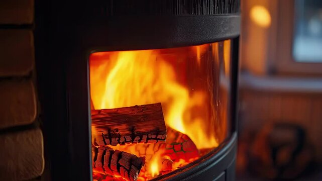 the fireplace is burning in the house. Selective focus