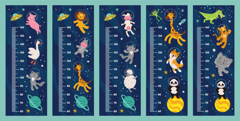 Kids height chart, space, cute animal astronauts in outer space. Height meter. Cartoon vector flat illustration