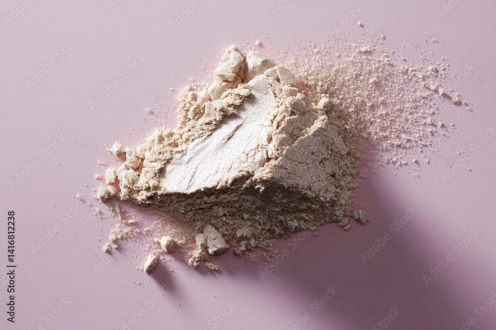 Poster pile of fine, beige powder is scattered on soft pink surface, creating subtle contrast. texture appe
