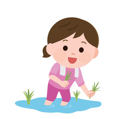 田植え体験をする女の子　イラスト