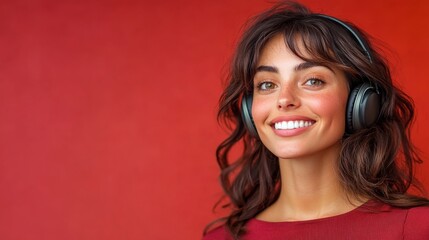 Woman with long hair and a red background. She is smiling and wearing headphones. Concept of happiness and relaxation, as the woman is enjoying her music