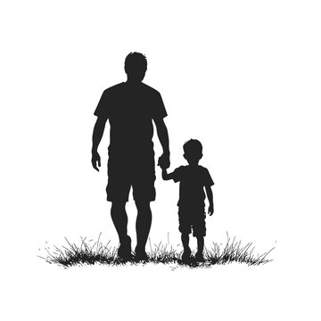 silhouette illustration of a father walking hand-in-hand with two young children. Represents family, fatherhood, childhood, togetherness, and a tender moment.