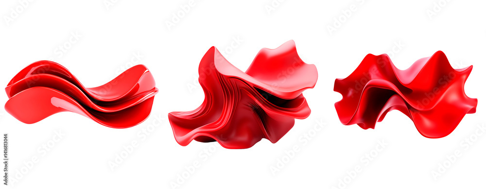 Poster set of abstract 3d shape with vibrant red hues isolated on transparent background