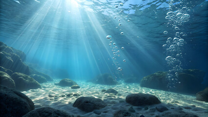 Obraz premium Crystal Clear Ocean Underwater Scene with Sun Rays Illuminating the Seabed