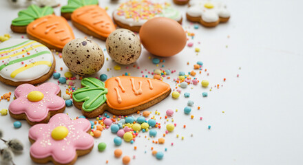 Obraz premium Delightful Easter treats: colorful carrot and flower-shaped cookies, speckled eggs, and rainbow sprinkles arranged on a white background.