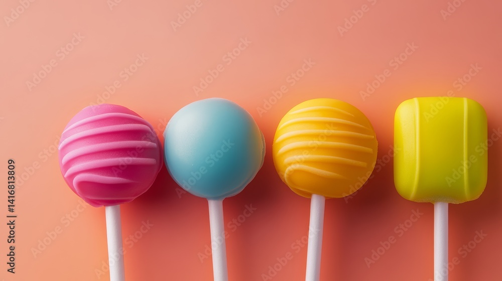 Poster row of colorful lollipops are lined up on a pink background. the lollipops are of different colors a