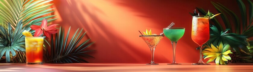 Exotic cocktail lineup, tropical elements and glass details, 3D illustration