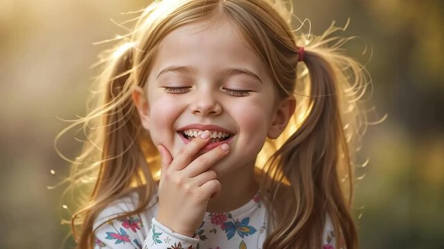 Preschool girl with pigtails laughing with her mouth full, hand covering lips, blinking, soft golden light

