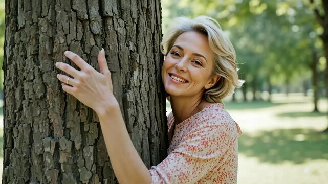 woman happy 40 years old hugging a tree in a summer park