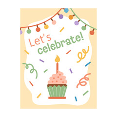 Cute happy birthday child kid card template. Colorful and minimalist. Hand-drawn vector illustration in flat style.