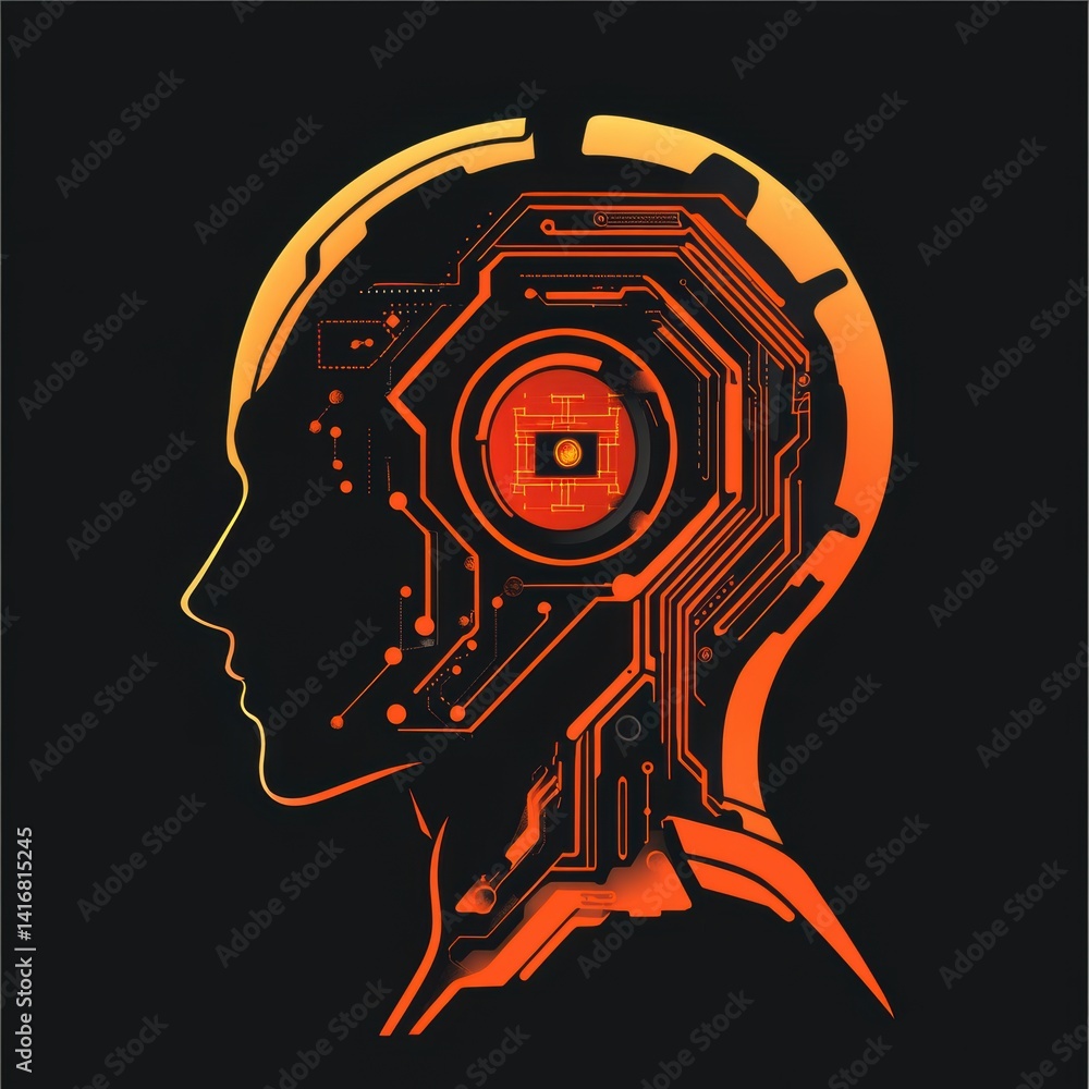 Poster artificial intelligence futuristic cyborg head design concept with glowing orange circuit board patt