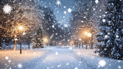 Enchanted Winter Park, A serene snow-covered path illuminated by soft light