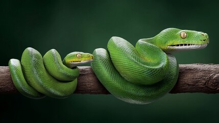 Two vibrant green tree pythons resting on a branch in a lush environment.