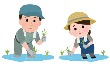 田植えをする男女　農家　イラスト