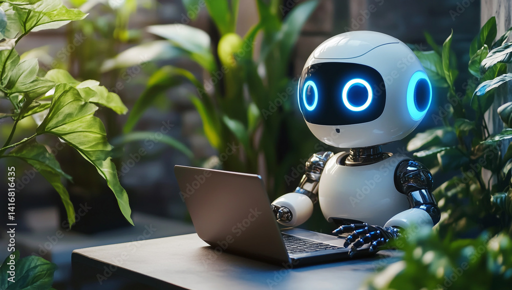 Poster robot and android using laptops in a 3d digital technology scene