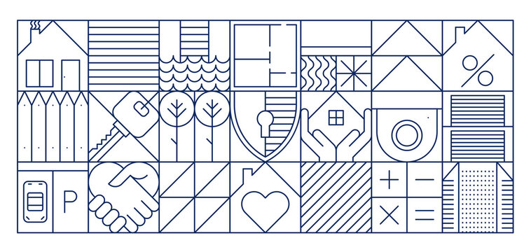 Real estate abstract geometric pattern, featuring home elements in square linear frames. House, key, blueprint, handshake, heart and fence, and mortgage symbols like percentage, plus and minus signs
