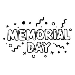 Bold, playful "Memorial Day" lettering with cartoonish, doodle-style elements.  Suitable for advertising or editorial use related to Memorial Day, holidays, or patriotic themes.