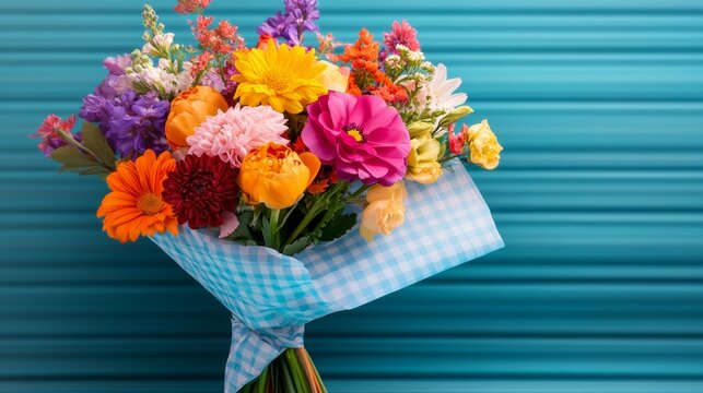 Bouquet of flowers is wrapped in a blue and white checkered paper. The flowers are a mix of colors, including red, yellow, and purple. The bouquet is placed on a blue background - Powered by Adobe