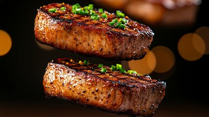 Two pieces of meat are being grilled and one is being flipped over. The other piece is still on the grill