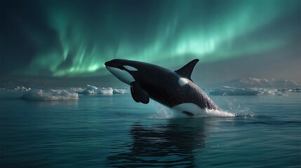 Fototapeta premium A killer whale breaching from icy waters under the aurora borealis glow at twilight