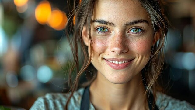 Close-up portrait of a smiling woman with green eyes and freckles