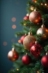 Obraz premium Sparkling ornaments on a decorated Christmas tree, ornaments, sparkling, indoor decoration