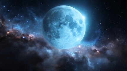 A large, textured, blue moon shines brightly amidst vibrant cosmic clouds and dark space