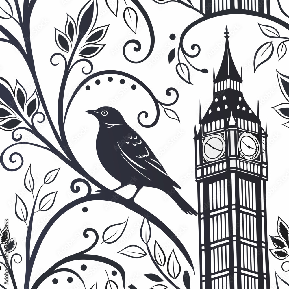Poster seamless vector pattern featuring bird and clock tower design