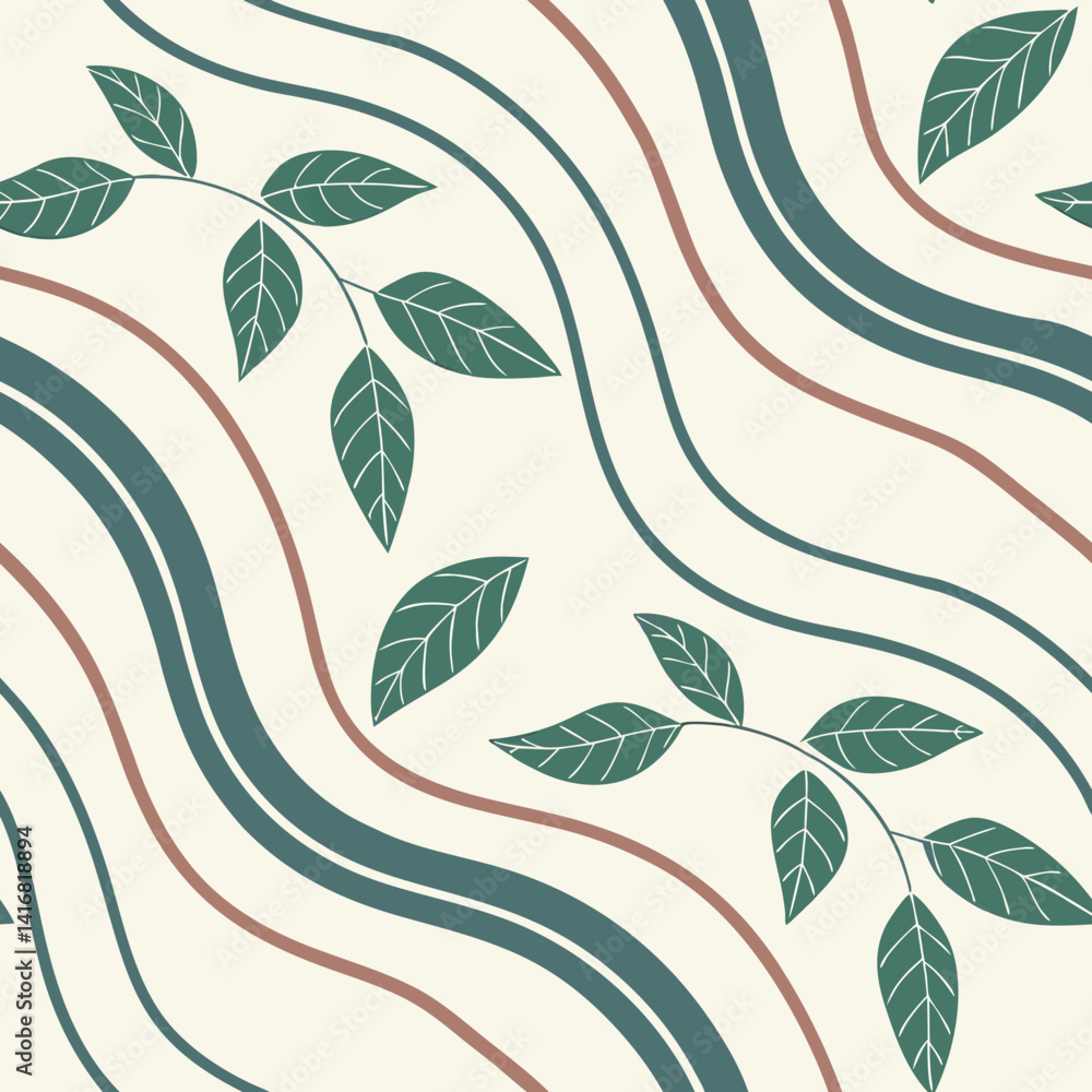 Poster seamless vector pattern with leaves and wavy lines in muted colors