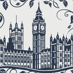 Seamless vector pattern of iconic London landmarks in elegant style  