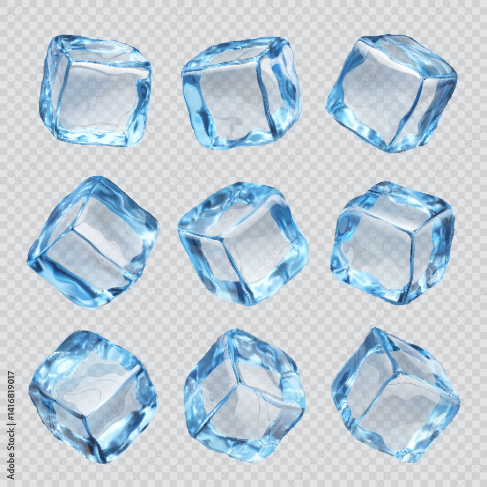 Aufkleber isolated ice cubes. realistic crystal ice blocks on transparent background. 3d vector set of blue gl
