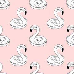 Flamingo float seamless pattern in line art for coloring
