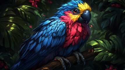Fototapeta premium Exotic plumage parrot perched on branch amidst verdant foliage captivating illustration showcasing vibrant colors and intricate details within nature's embrace