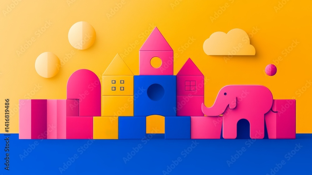 Poster vibrant abstract world with geometric shapes forming playful constructions against warm color gradie