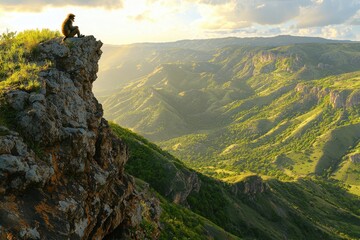 Baboon sits on cliff overlooking valley at sunset
