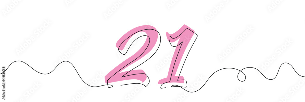 Poster number 21 in continuous line drawing style. line art of number nine. vector illustration. abstract d