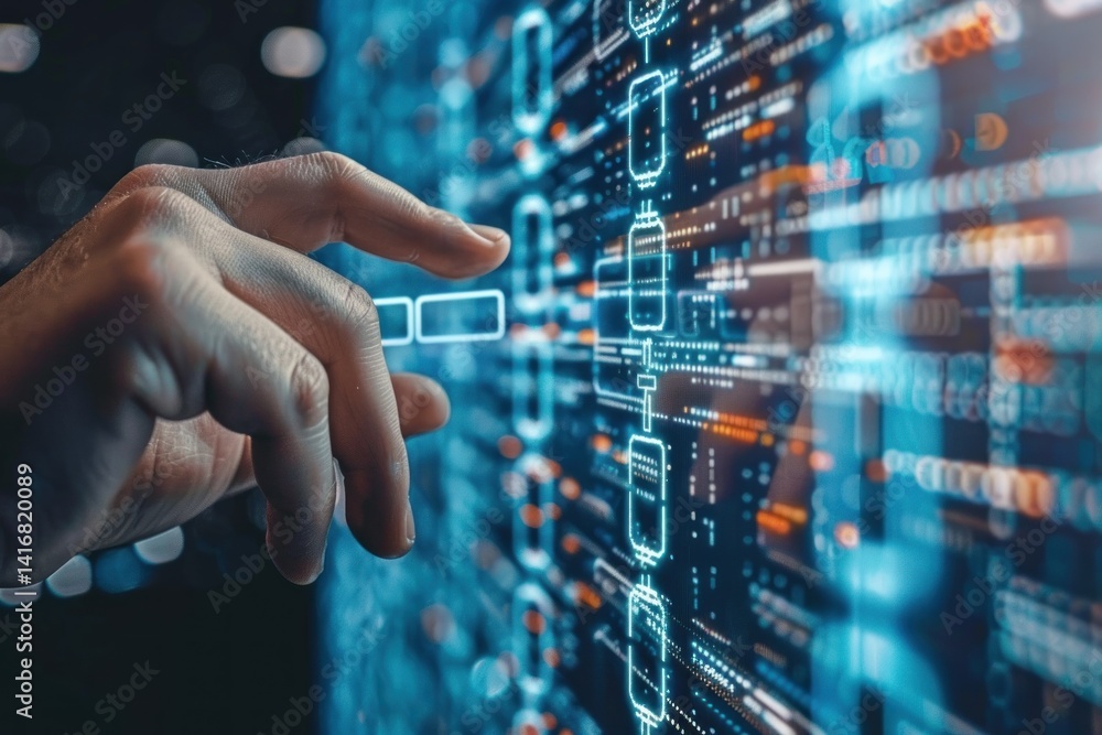 Poster interacting with digital data streams, a hand interacts with a futuristic interface