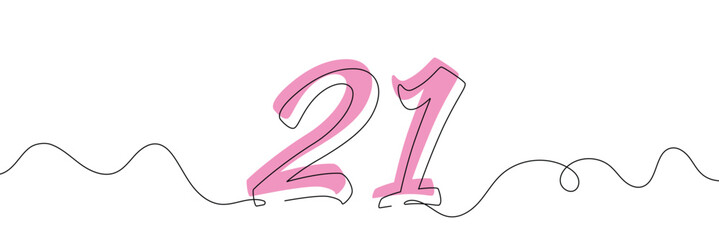 Number 21 in continuous line drawing style. Line art of number nine. Vector illustration. Abstract drawing number 21