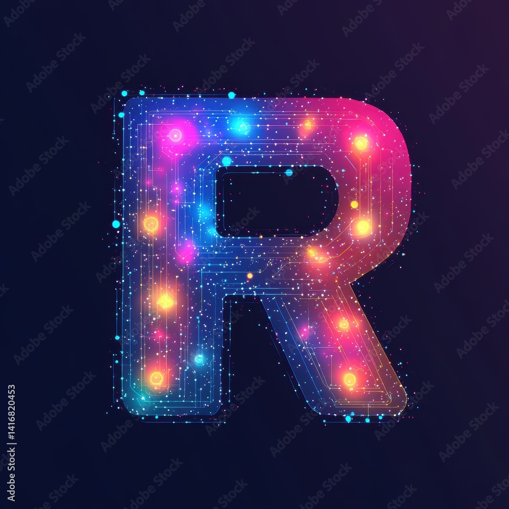 Poster futuristic letter r circuit board design with glowing lights and data connections against a dark bac