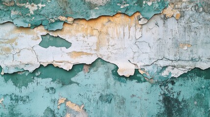Obraz premium Fragmented aquamarine wall with distressed paint, texture and decay