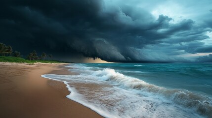Dark clouds gathering over a tranquil beach, signaling an approaching storm and possible tsunami,