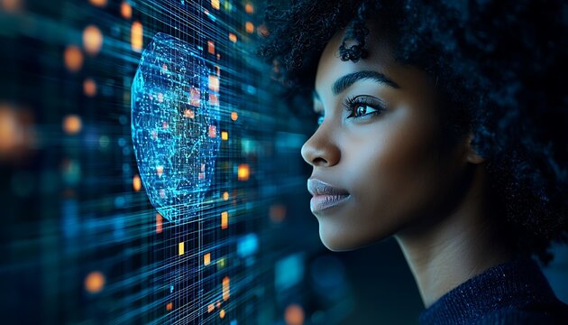 Focused woman contemplating a digital brain interface. - Powered by Adobe