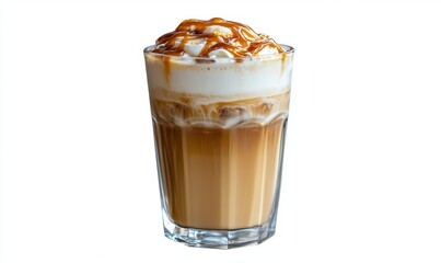 Iced caramel coffee drink, whipped cream topping, studio shot, white background, menu use