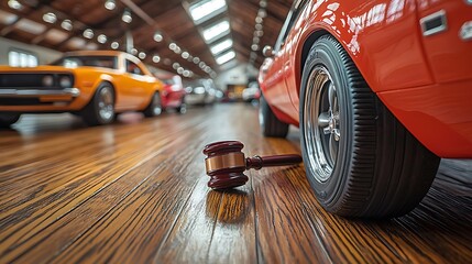 Classic car auction, gavel resting on wooden floor.
