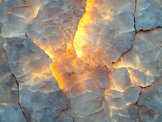 Illuminated cracks in a light gray and amber stone surface.