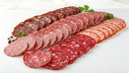 Delicious assortment of various salami sausage slices neatly arranged on a clean white background