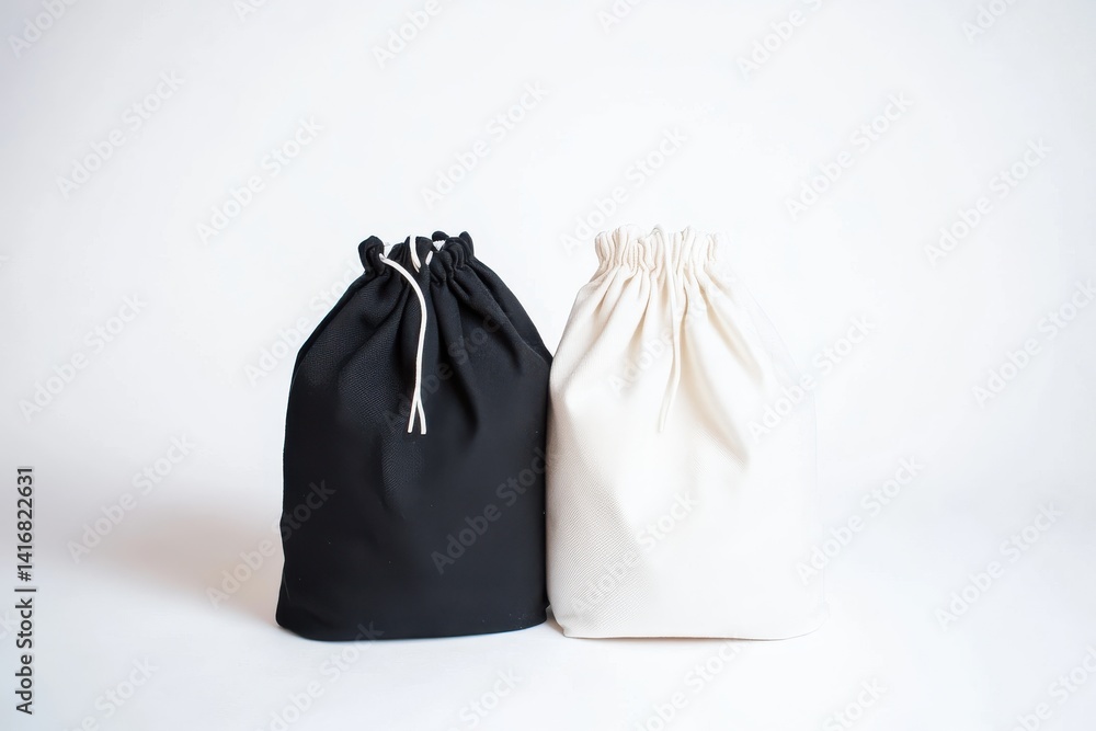Poster elegant duo: a black drawstring bag standing alongside a white one, both exuding simplicity on a cle